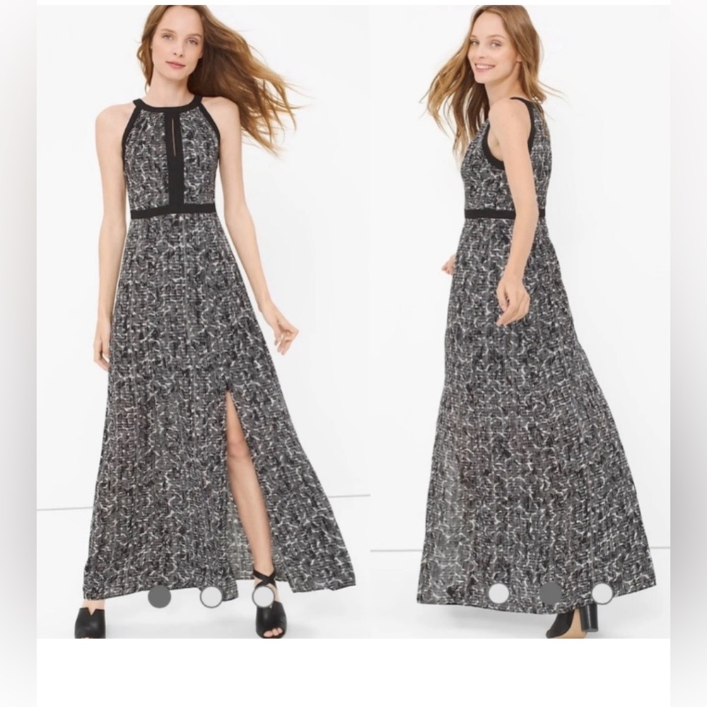 WHBM womens size 0 Printed Maxi Dress Black/White Sleeveless Grecian neck A-line